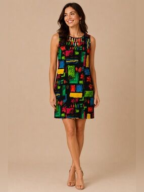 Vintage 90s Casual Corner Annex Petite 6P Abstract Colorblock Mini Dress Artcore